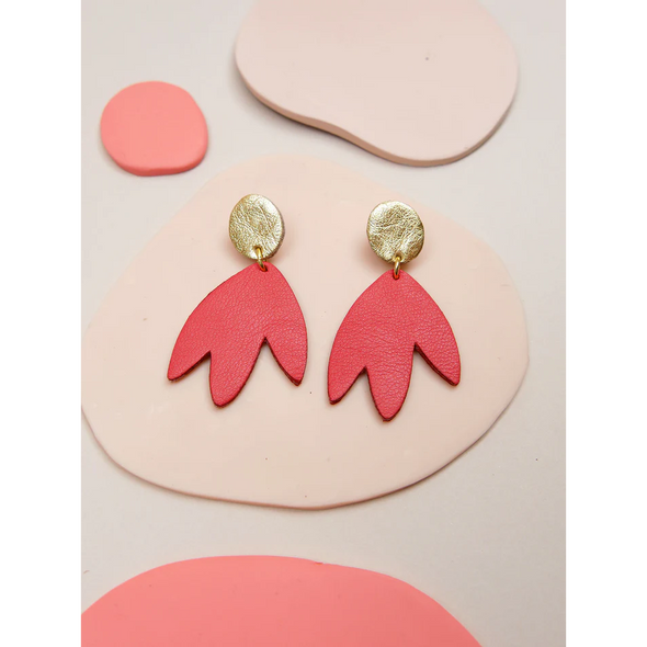 Grandes boucles d'oreilles Bilbao - Cuir corail et or