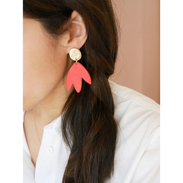 Grandes boucles d'oreilles Bilbao - Cuir corail et or