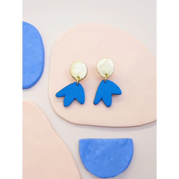 Mini boucles d'oreilles Bilbao - Cuir bleu France et or