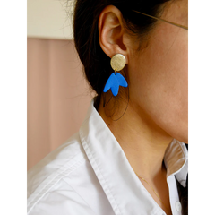 Mini boucles d'oreilles Bilbao - Cuir bleu France et or