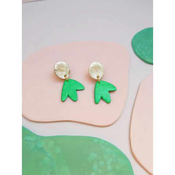 Mini boucles d'oreilles Bilbao - Cuir vert pomme et or