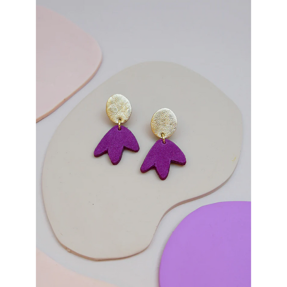 Mini boucles d'oreilles Bilbao - Cuir violet velours et or